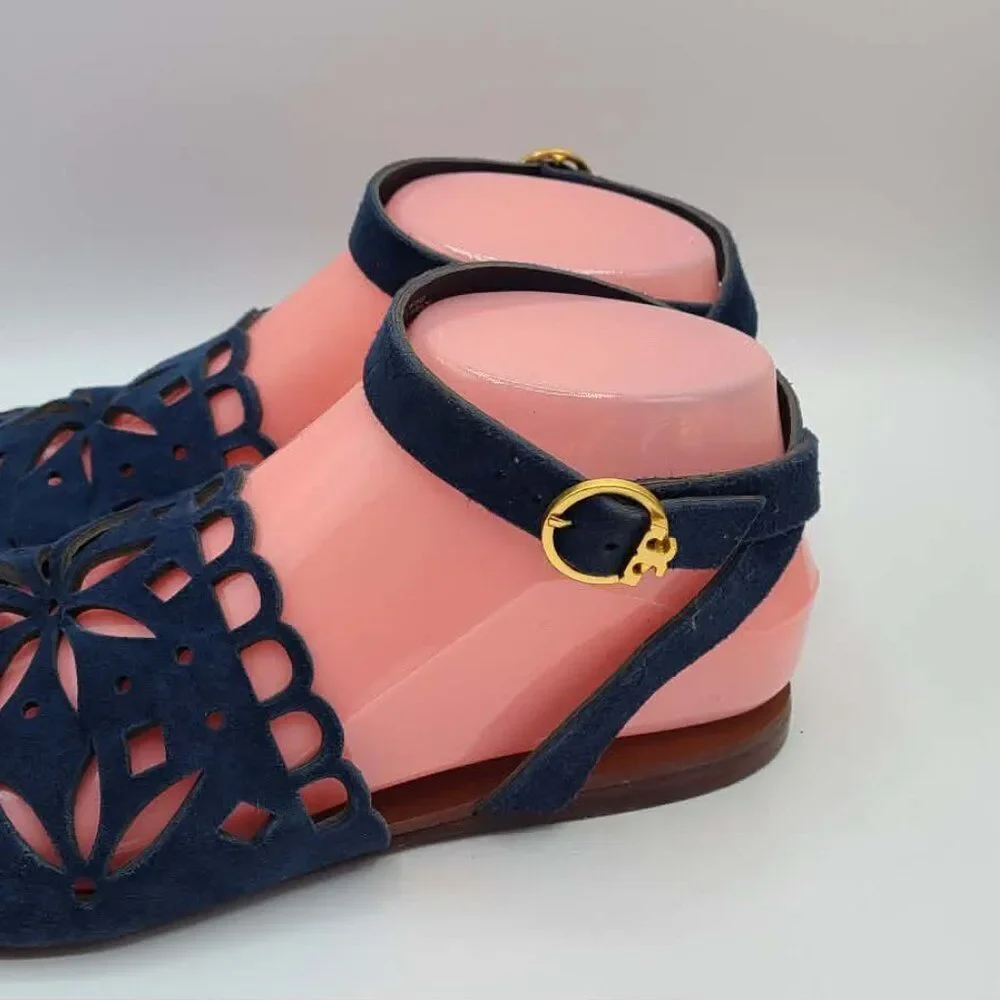 Tory Burch May Flat Lancaster Navy Ankle Strap Sandals size 7M